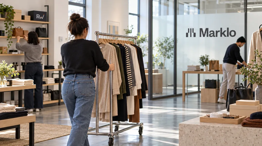 Retail workers move merchandise through a multi-brand showroom with the Marklo logo on a glass partition.