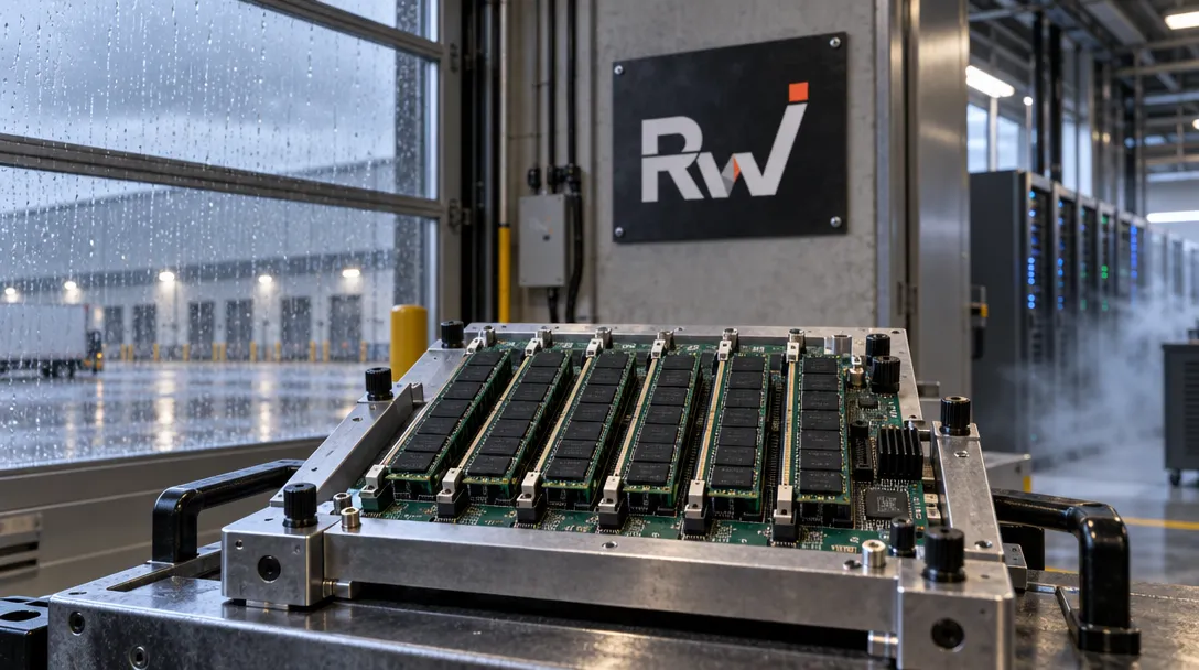 A generic memory expansion board with six memory modules sits in a data-center equipment bay beside a Marvell wall sign.
