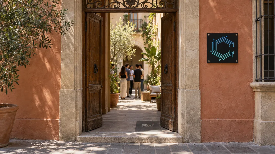 An open Barcelona townhouse with a Masia plaque welcomes a small group of founders into its courtyard.