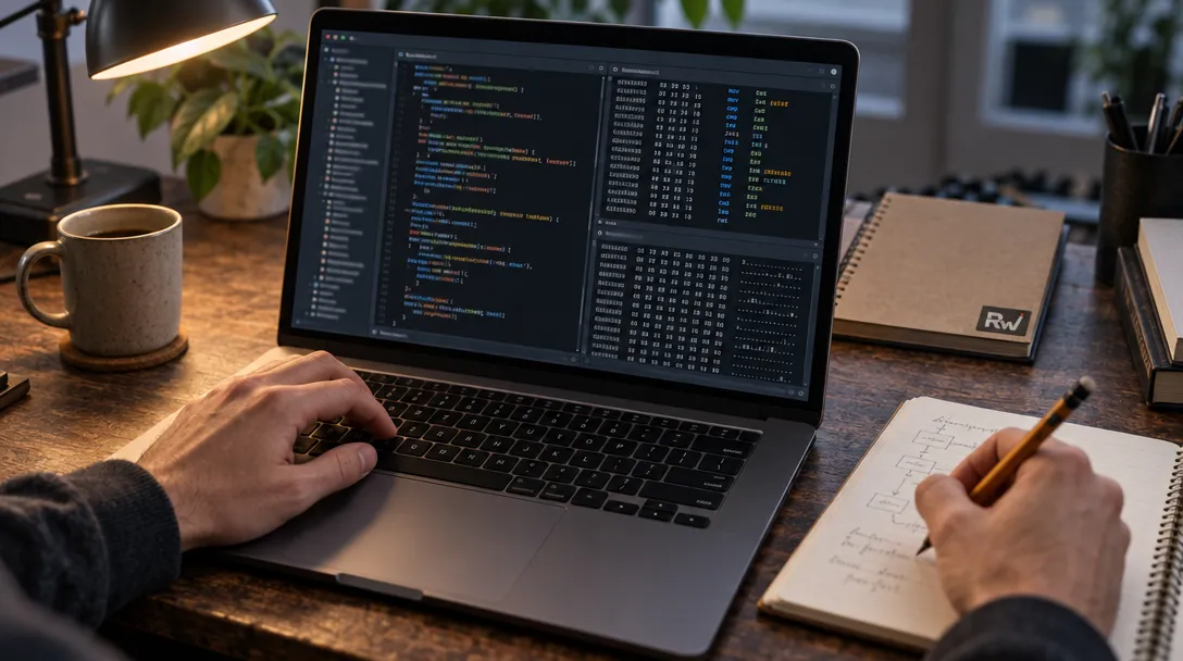 A laptop displaying generic code sits before a notebook as a person examines the screen.