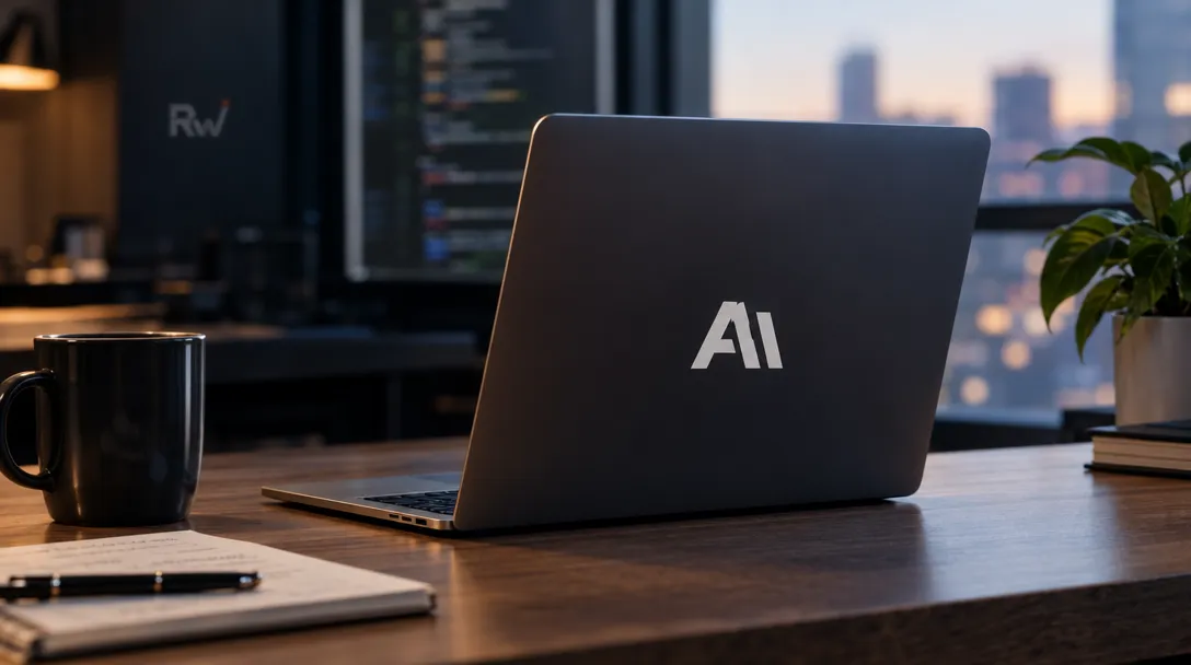 An open laptop marked “AI” sits on a desk beside a black mug, notebook and pen, with a plant and code screen behind it.