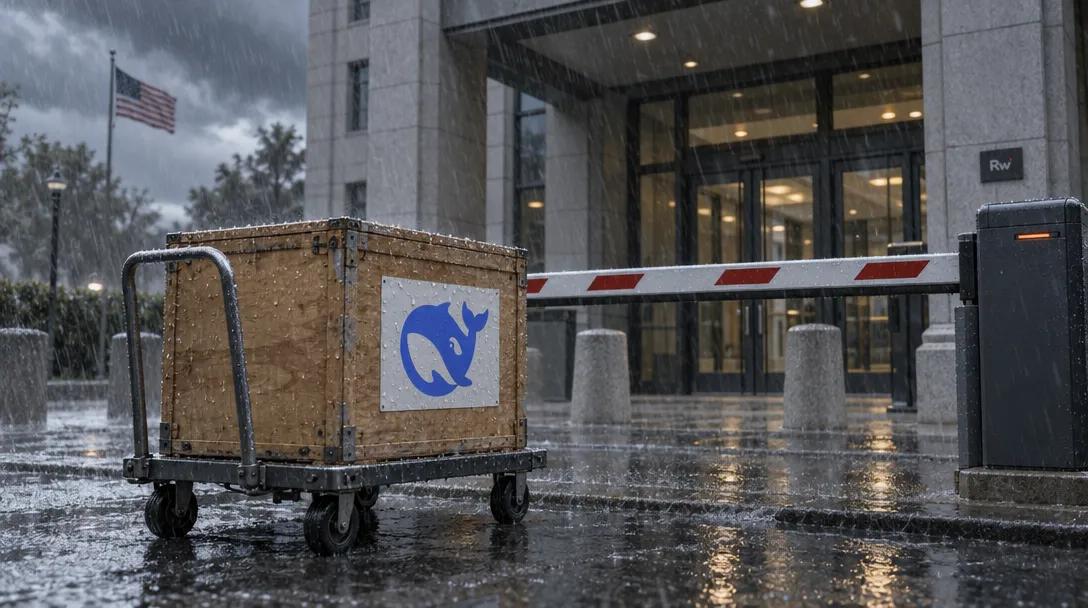 A DeepSeek-marked supplier crate waits outside a closed barrier at a rain-soaked federal building entrance.