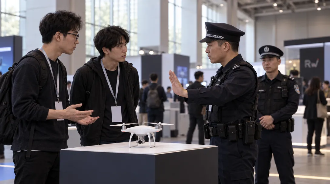 Two men speak with uniformed officers beside a white quadcopter drone on a display table.