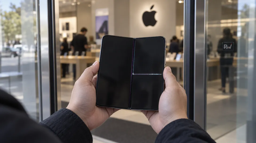 A customer holds open a generic foldable phone with an L-shaped screen failure inside a shop displaying the Apple logo.