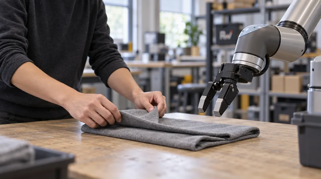 A person folds fabric on a worktable beside an unbranded robotic arm in a workshop.