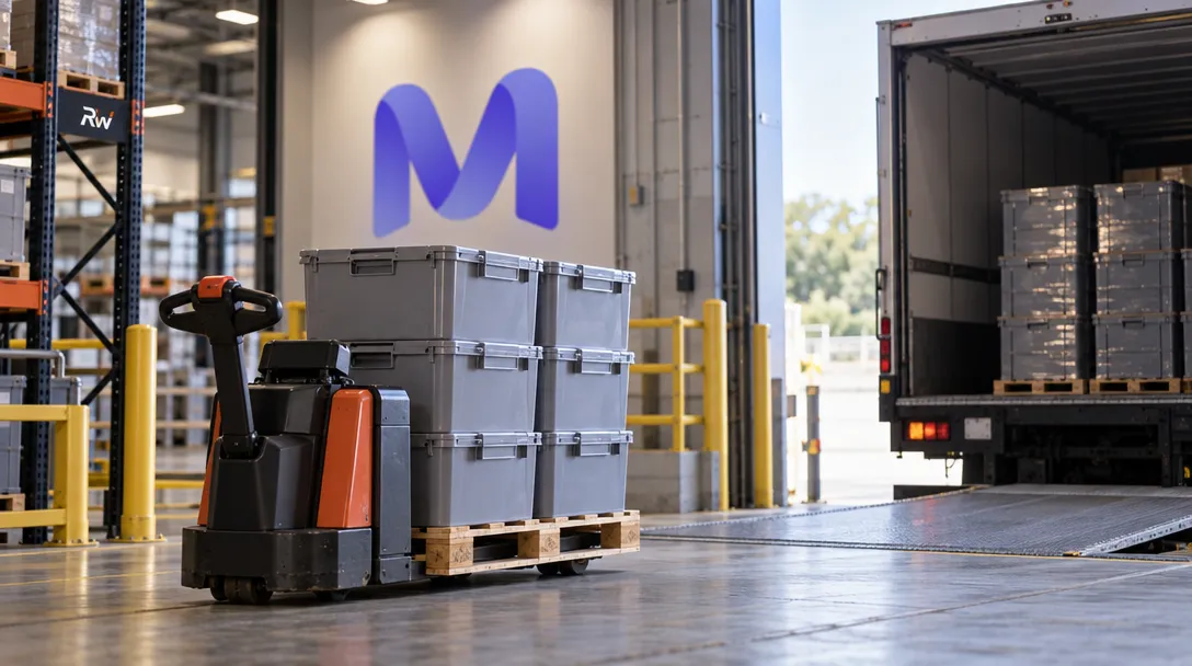 A pallet mover carries sealed business-data archive totes through a commercial records facility beneath a Mercor sign.