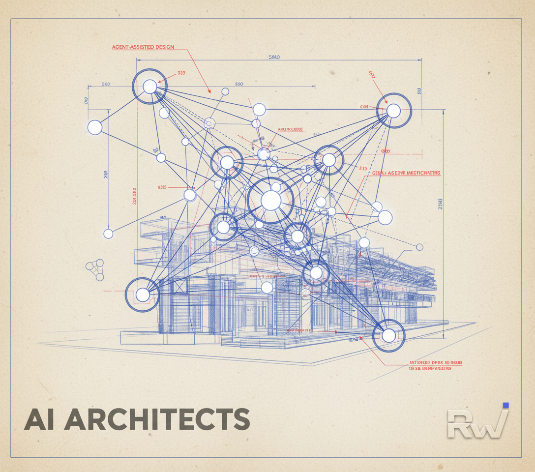 Abstract neural network architecture being designed or reconfigured (Blueprint with technical overlays and annotations)