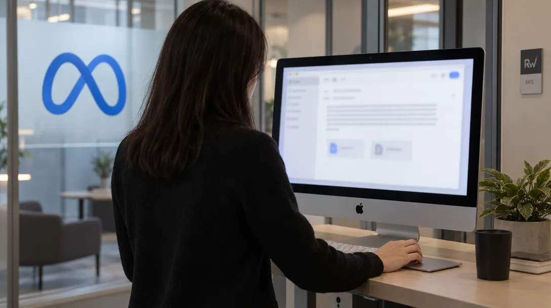 A reviewer stands beside a Mac display showing an indistinct email draft, with a Meta logo on the glass wall behind them.