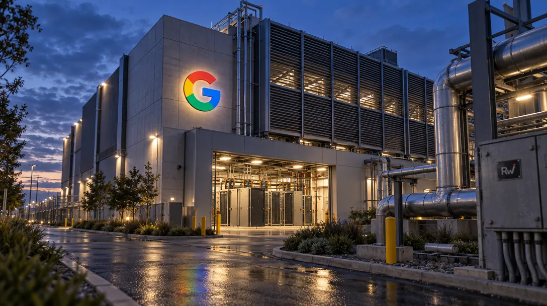 A Google-branded data center with cooling pipes and a lit compute room depicts Meta’s SGLang running on Google TPU infrastructure.