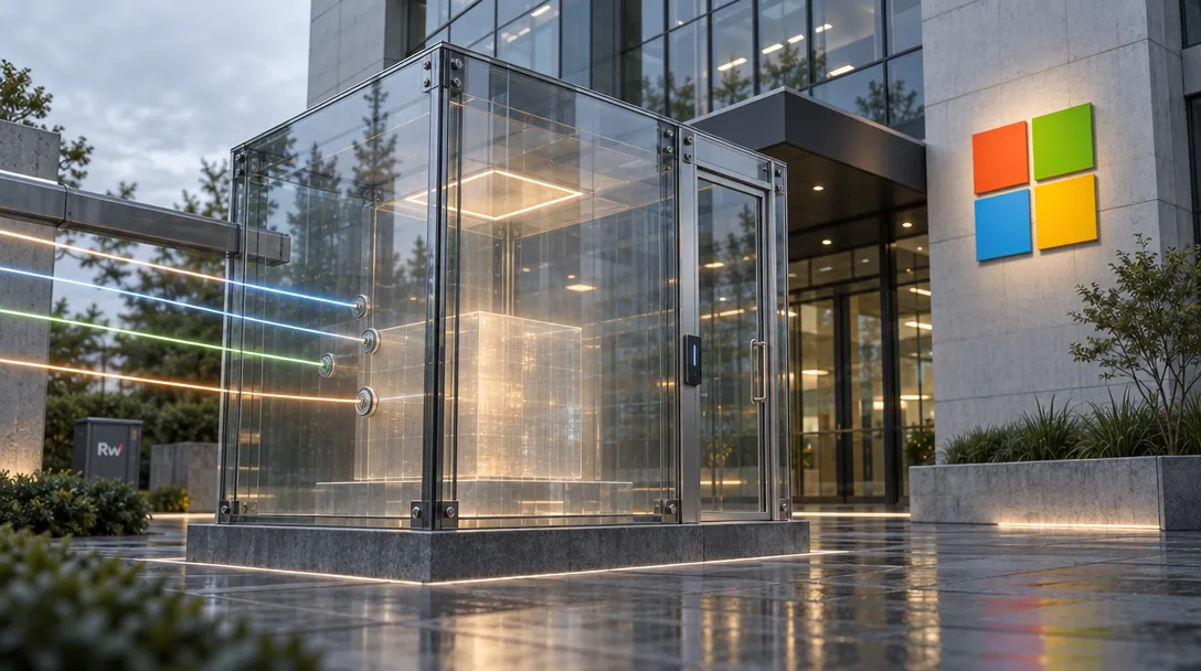 A transparent, access-controlled execution enclosure stands at the entrance of a Microsoft-branded technology building.