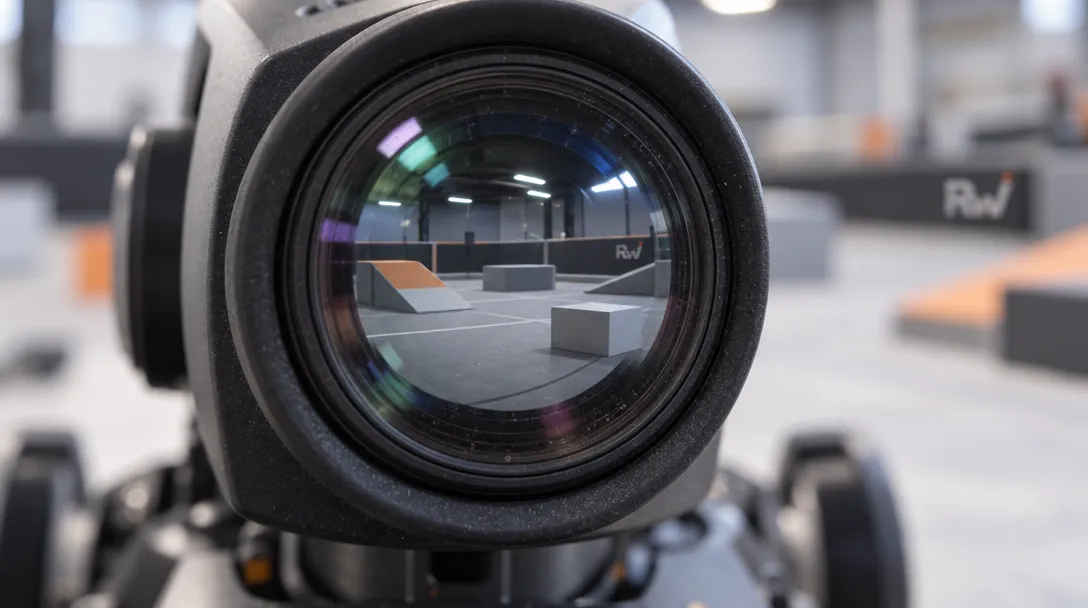 A robotics camera lens reflects a simulated test arena beside a blurred robotics testing space.