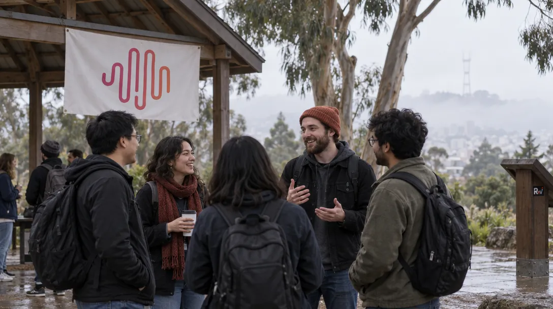 Developers gather beneath a pavilion in a foggy San Francisco park, with a MiniMax banner marking the open-source week kickoff.