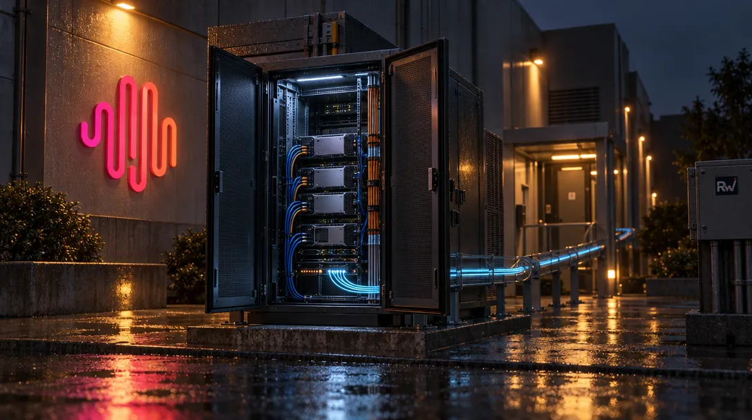 An open compute enclosure with glowing fiber connections stands beneath a MiniMax sign at night.