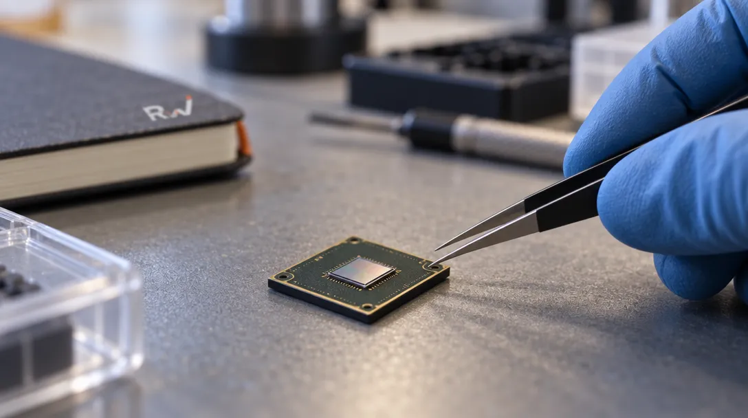 A generic silicon chip on a test carrier represents MintNeuro’s neural-interface chip beside tweezers on a lab workbench.