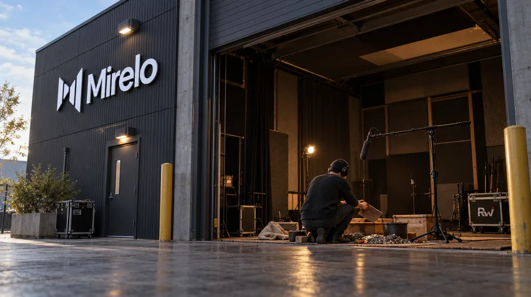 A sound designer records a Foley effect inside a soundstage entrance beneath a Mirelo sign.
