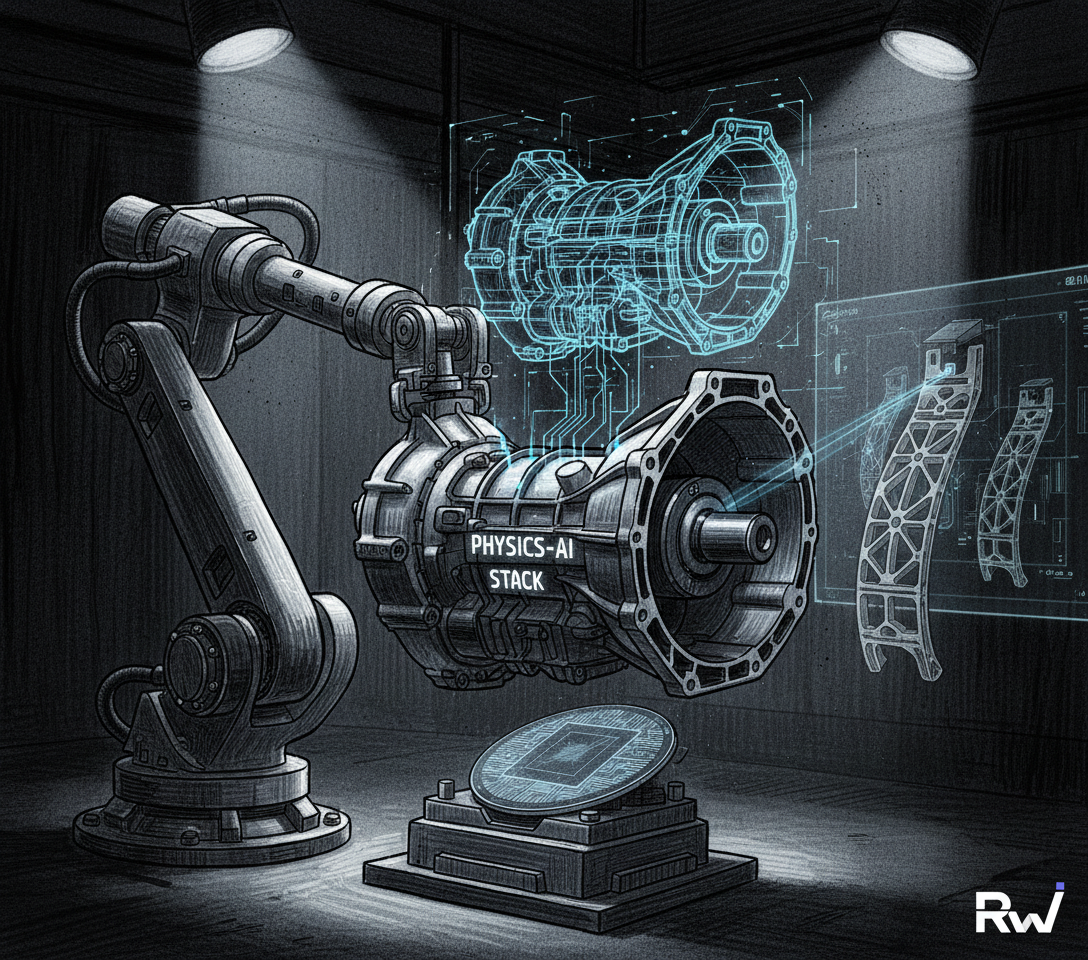 Industrial AI stack integrating physical simulations and digital twins across advanced manufacturing (scratchboard / woodcut)
