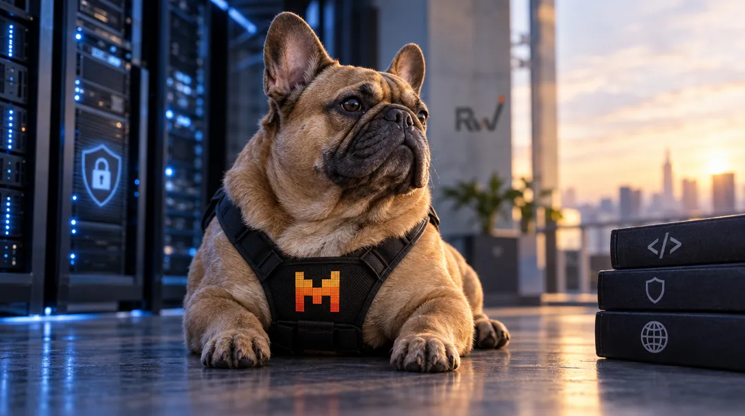A French bulldog wearing a black harness with an orange H lies beside server racks and three icon-marked books, with a sunset city beyond.