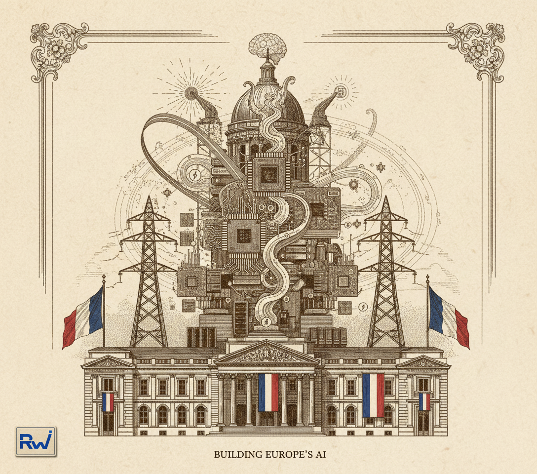 Conceptual European AI infrastructure being strategically built (Vintage scientific illustration — engraved plate from a 19th-century journal, sepia ink on cream paper)