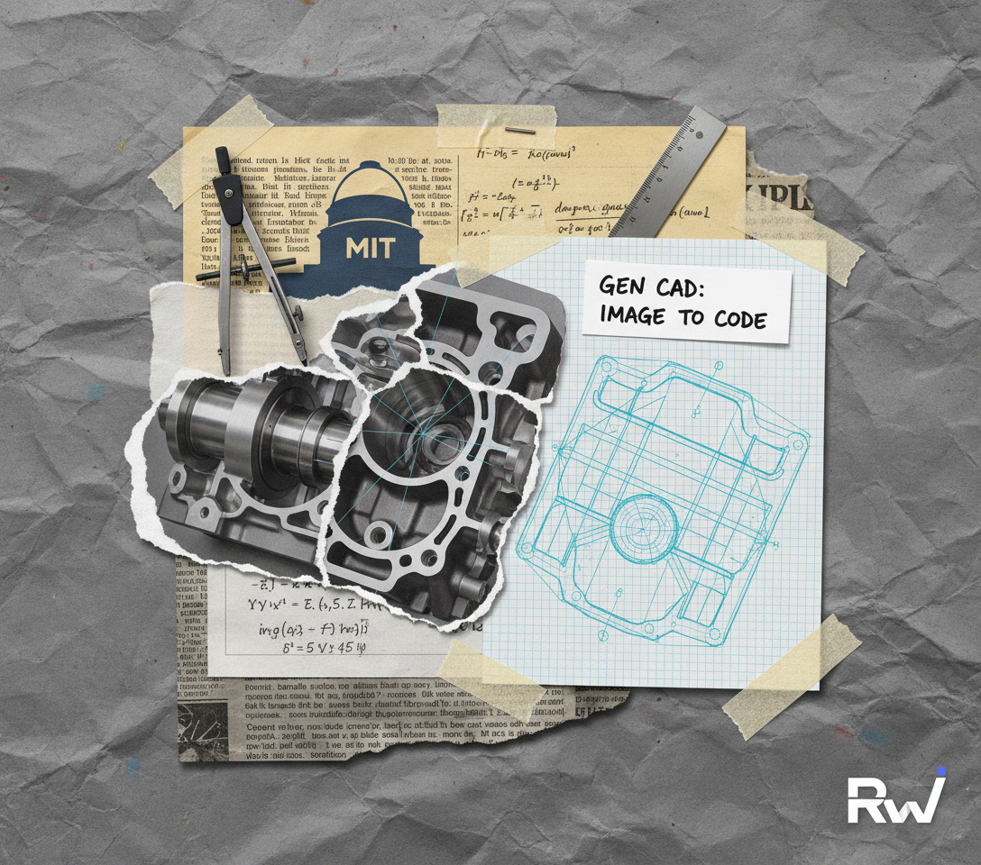 A complex mechanical assembly transitioning from a photorealistic image to a detailed parametric CAD blueprint (Architectural drafting blueprint (white linework on cyanotype blue paper))