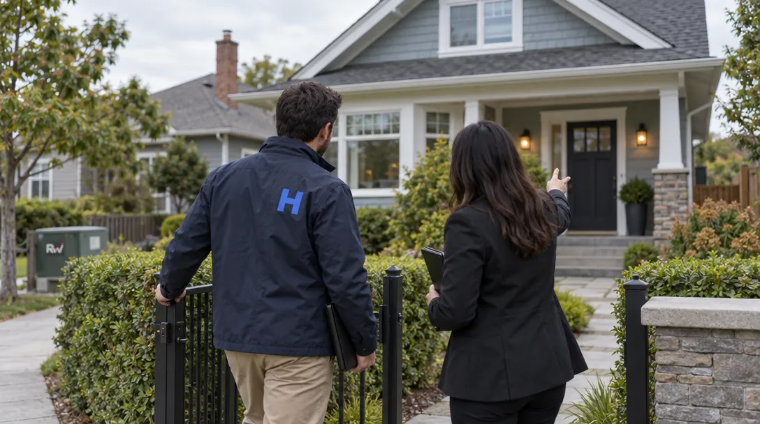 Two property professionals inspect a suburban home, with the Mogul logo visible on one person’s jacket.