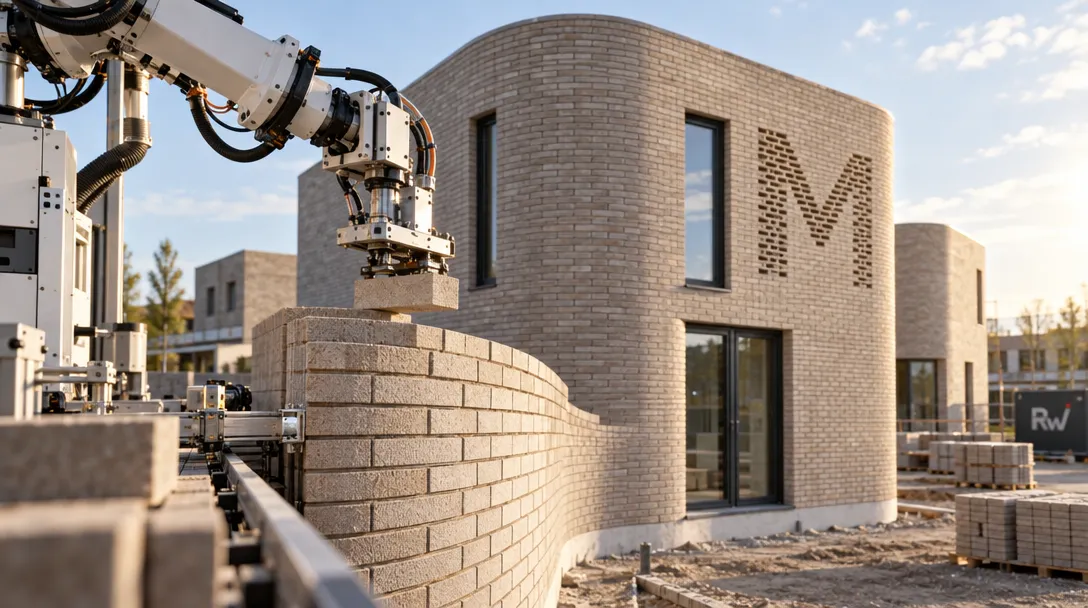 A robotic arm places bricks beside a curved brick wall, in front of a modern brick building marked with an M; a container reads “RW.”