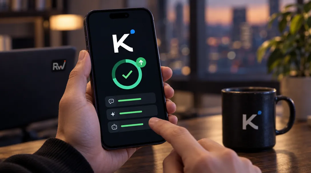 A hand holds and taps a smartphone showing a white K, green checkmark and bars, beside a black K mug and a laptop marked “Rw.