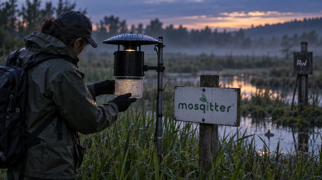 A field worker checks a mosquito-monitoring trap beside a wetland, with a Mosqitter sign on a nearby post.