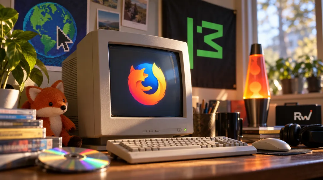 A CRT monitor displays the Firefox logo beside a keyboard and mouse, with a plush fox, plant, CDs, lava lamp, headphones marked “Rw,” and books on the desk.