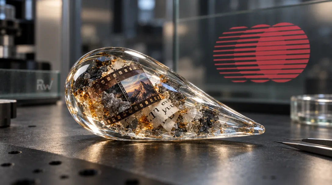 A compact glass form containing film, a small image, and printed lettering sits beneath a Multiverse Computing sign.