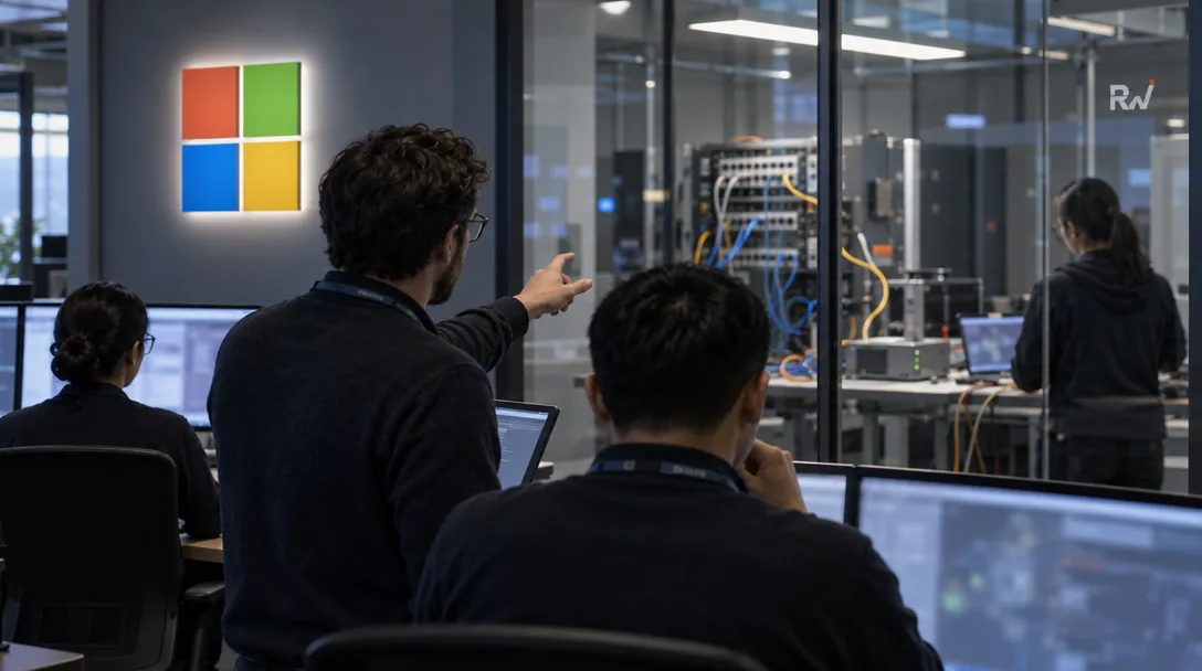 A man points toward a server rack behind glass while colleagues sit at computers; a four-color Microsoft logo is on the wall.