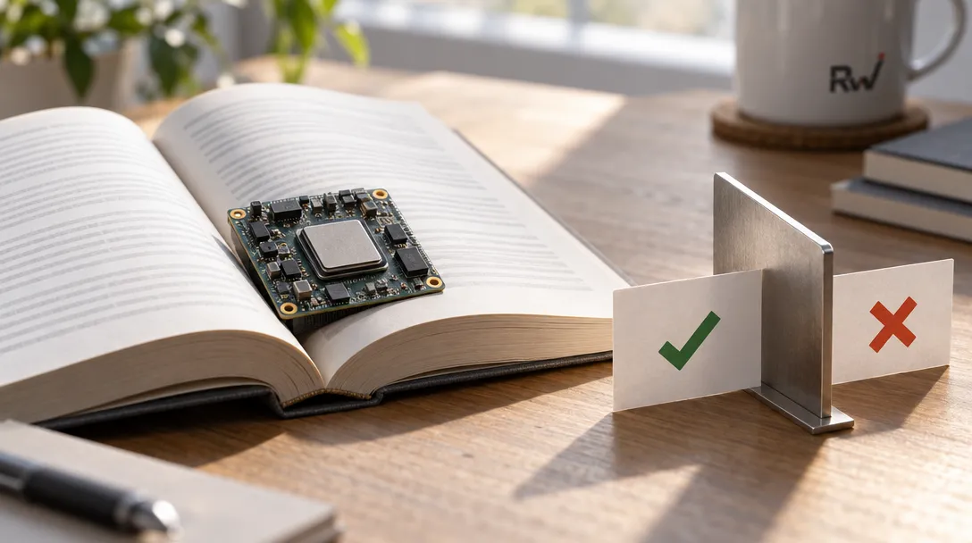 A generic computing board rests in an open rulebook beside two blank cards, one passed through a divider and one held back.