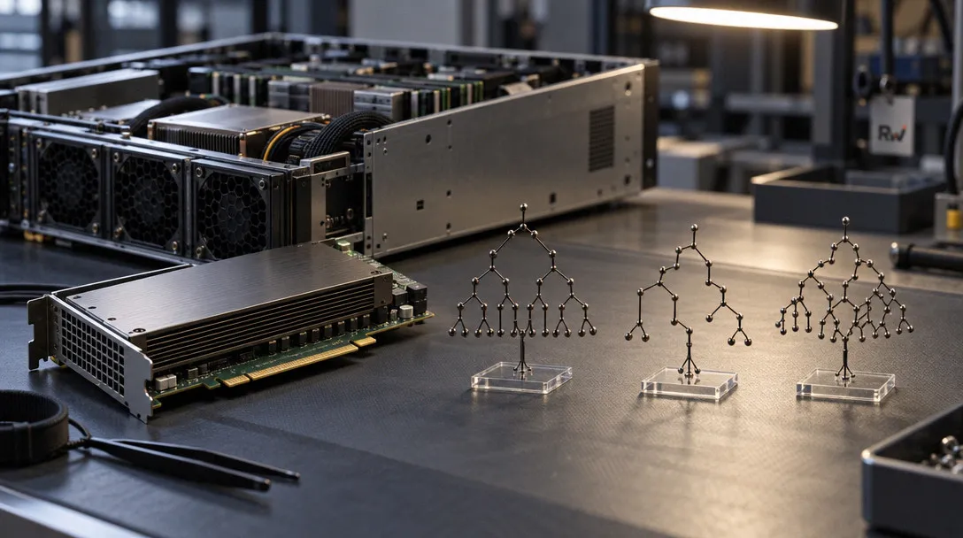 An unbranded server and accelerator card sit beside three branching decision-tree forms, illustrating myrtle.ai’s VOLLO STAC test.