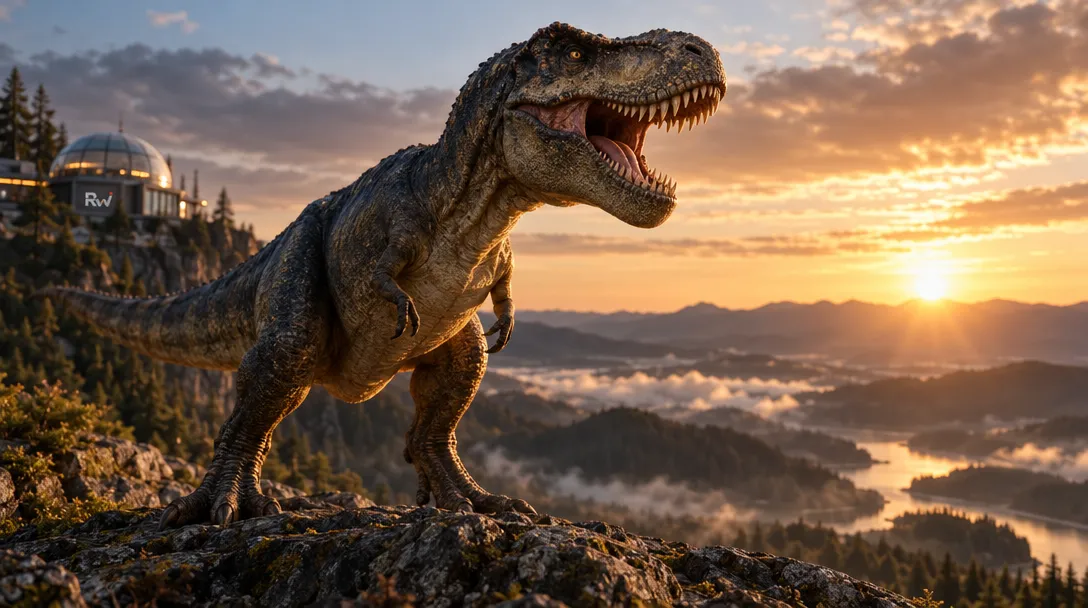A roaring Tyrannosaurus stands on a rocky ridge at sunset, with a domed building displaying “RW” nearby.