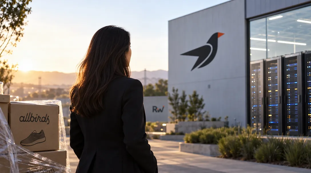 A person in a black coat stands beside Allbirds shoe boxes, facing a building with a bird emblem and server racks.