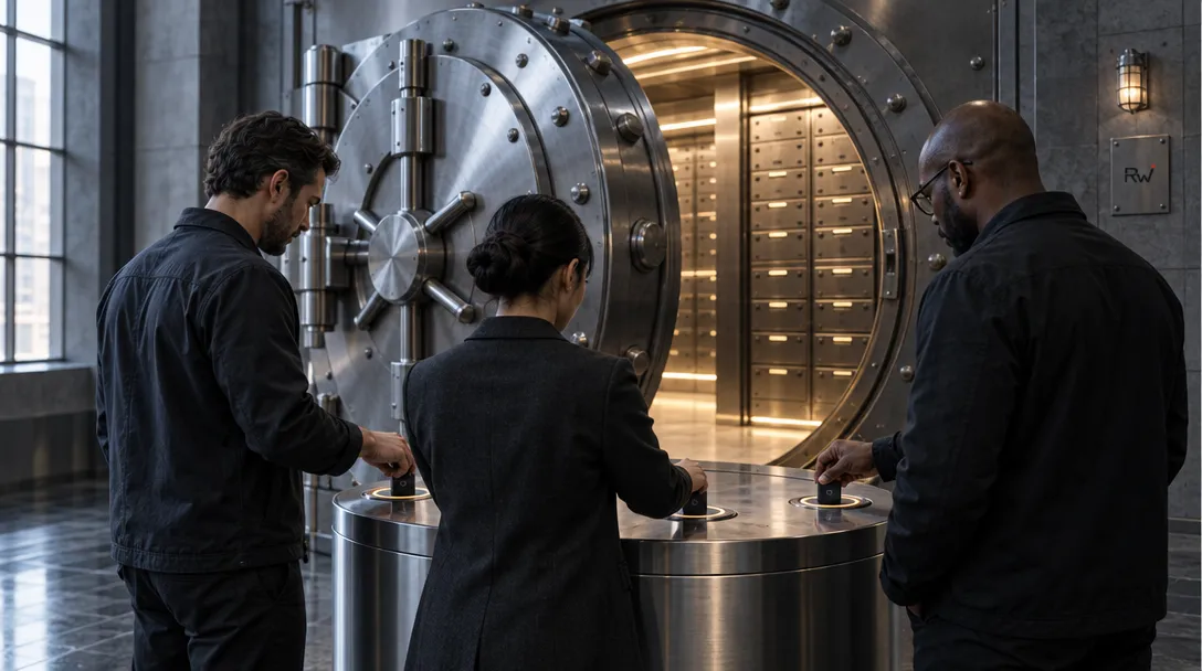 Three people touch controls on a metal console before an open circular vault door; a wall plaque reads “Rw.”