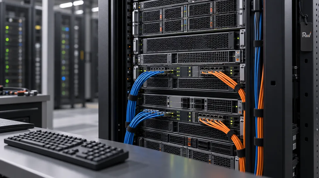 An unbranded server rack, fiber cables, and a developer keyboard illustrate Namespace’s infrastructure for coding agents.