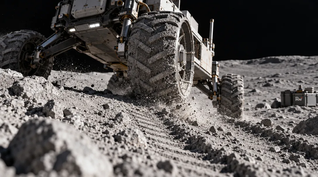 A generic lunar rover rolls over rocky, dusty terrain beneath a black sky.
