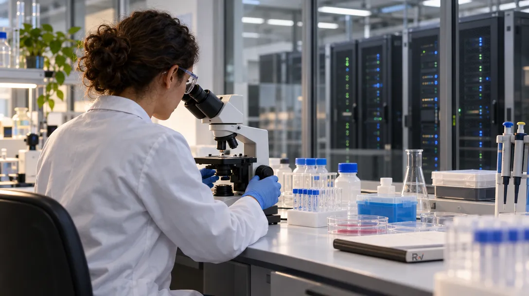 A researcher works at a laboratory bench beside a microscope, with compute servers visible through a glass partition.