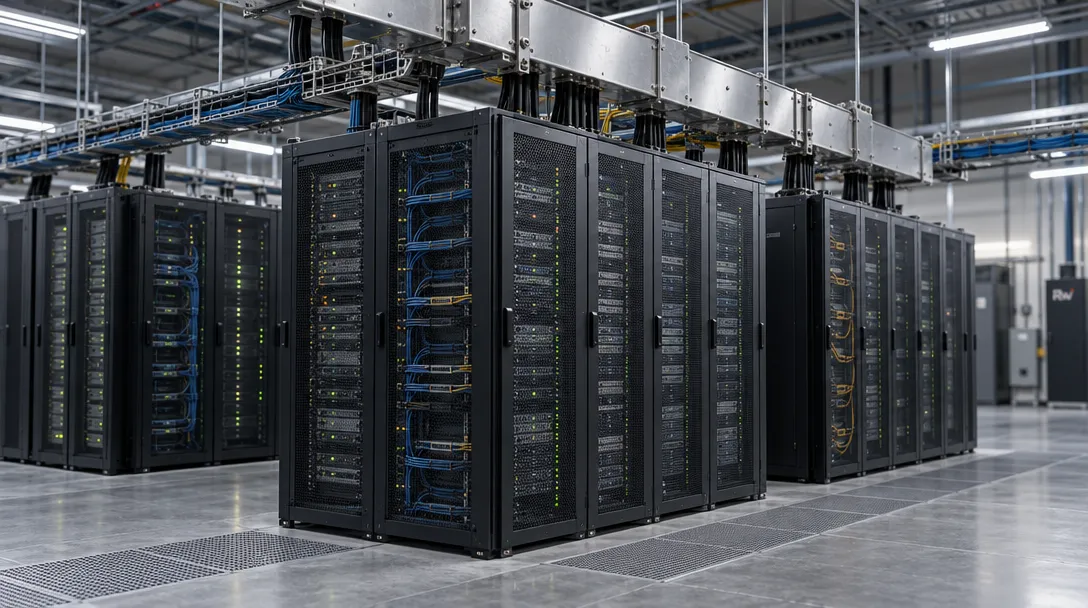 Unbranded server racks connect to shared overhead power and network lines, illustrating National Compute’s pooled computing capacity.