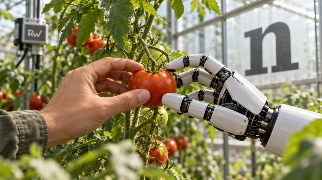 A robotic hand reaches for a ripe tomato beside a human hand in a greenhouse, with a Nature Will sign on the glass.