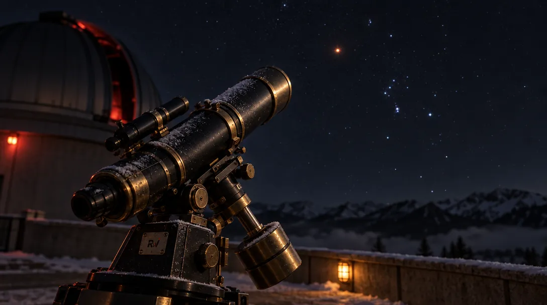 A brass-and-black telescope stands beside a lit observatory dome beneath a starry sky over snowy mountains; its mount bears “RV.”