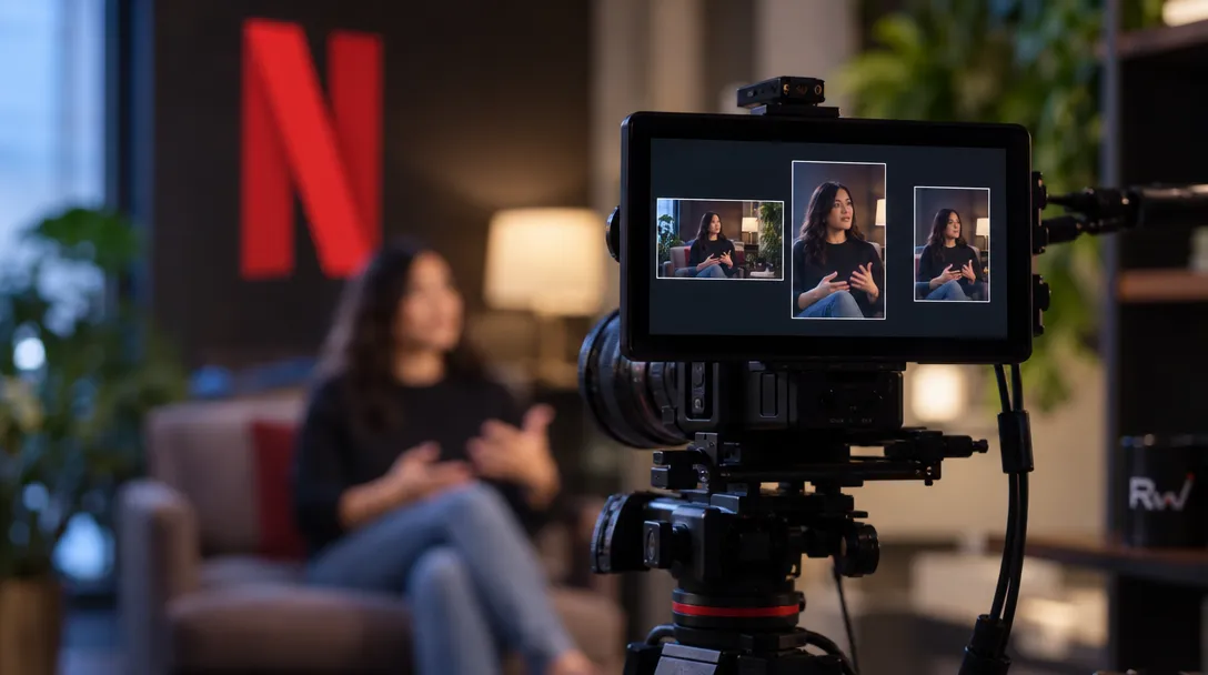 A video camera monitor shows a woman gesturing in three framed views, while she sits on a chair beneath a red Netflix N logo.