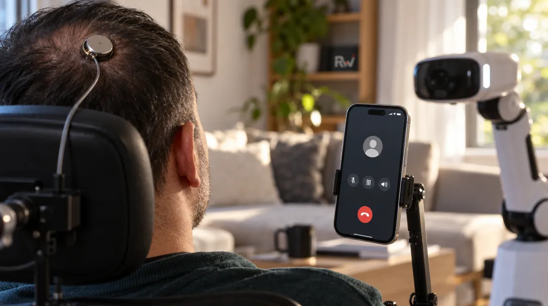 A seated man has a small wired disc attached to his scalp, beside a mounted phone displaying a call screen and a white robotic device.