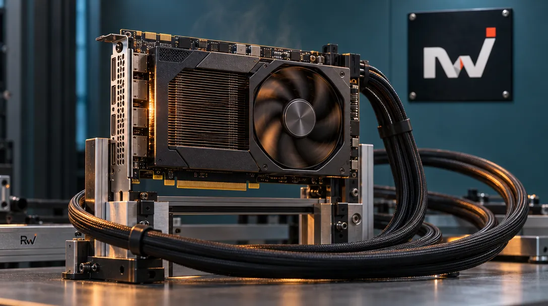 A generic GPU accelerator runs on a test fixture beside looping power cable, with a Neuralwatt sign on the wall behind it.