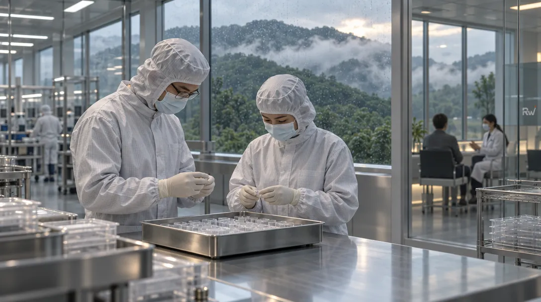 Two masked workers in white cleanroom suits handle small items over a metal tray in a glass-walled lab; “Rw” appears on the glass.