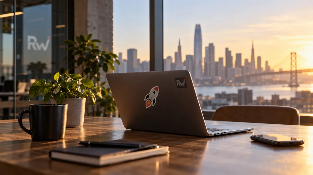 An open laptop with a rocket sticker and “Rw” logos sits on a table beside a mug, plants, notebooks and a phone, with a city skyline and bridge beyond the windows.