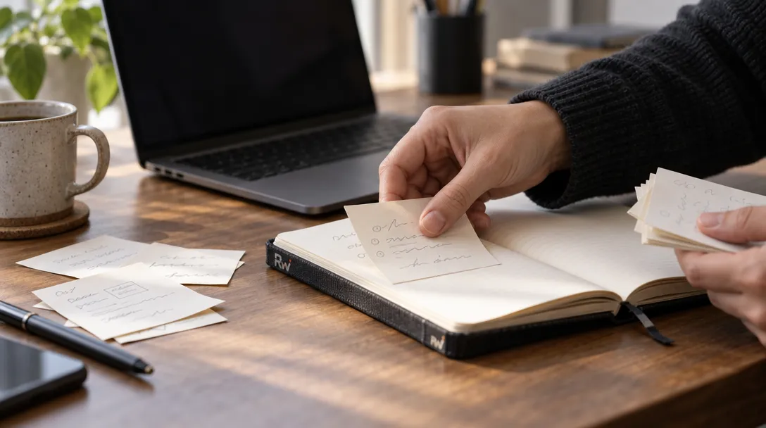 A hand gathers handwritten cold-email notes into a notebook beside a laptop.