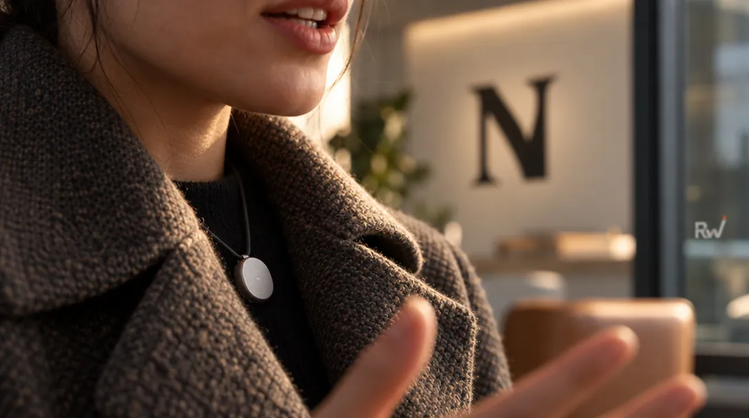 A person speaks while a small pendant rests against their coat, with the Nirva logo on a wall sign behind them.