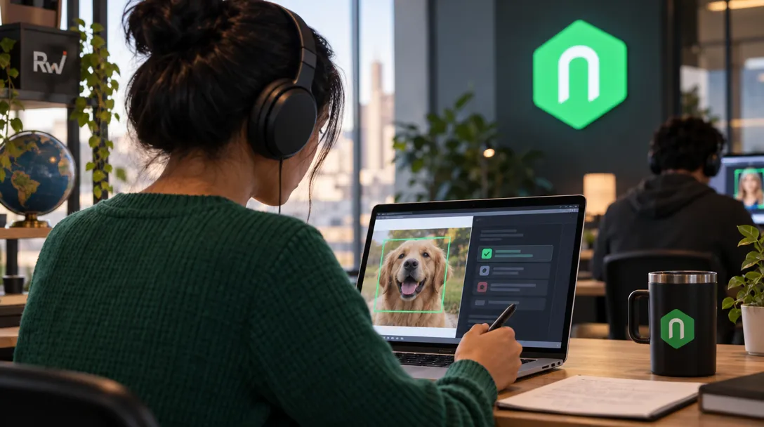 A person wearing headphones uses a laptop displaying a dog inside a green outline; a green hexagonal “n” logo appears on the wall and mug.