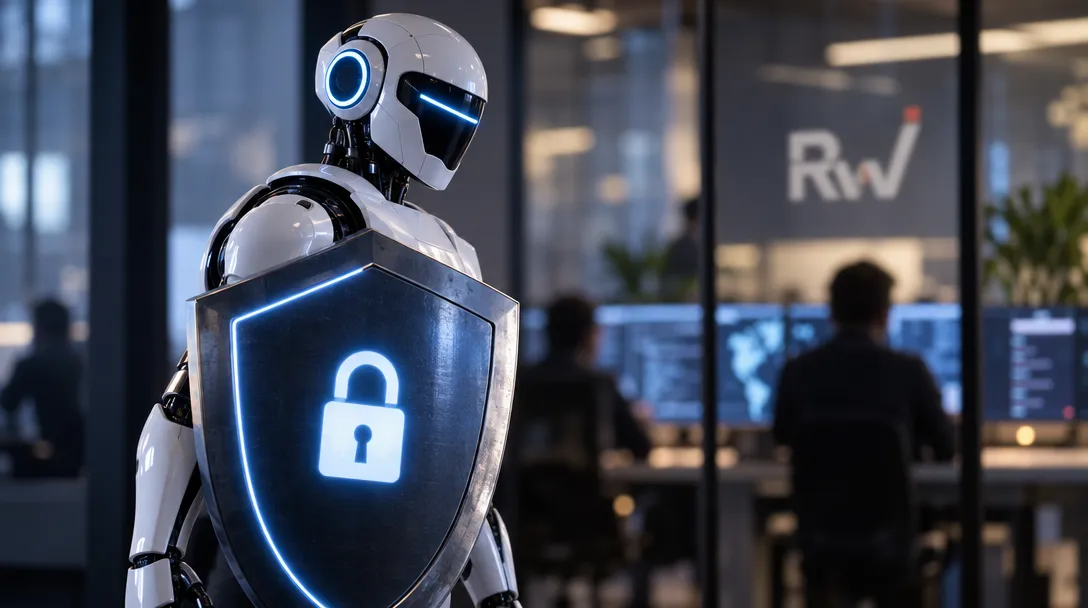 A white robot holds a glowing shield with a padlock symbol before office workers and monitors, with “Rw” lettering behind it.